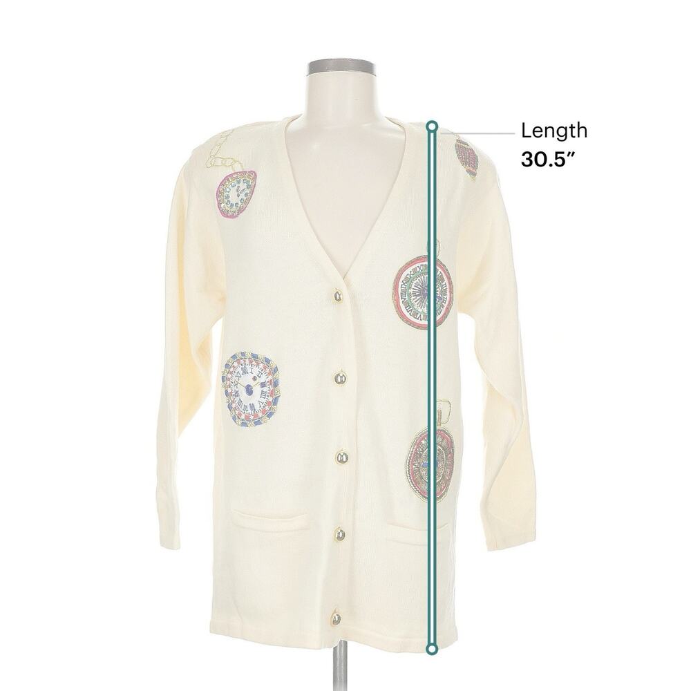 VTG Nordstrom Merino Wool Cream Embroidered Clock Patches V Neck Cardigan S - Picture 3 of 4